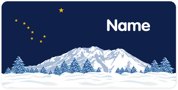 Alaska state flag with mountains and stars on a blue background